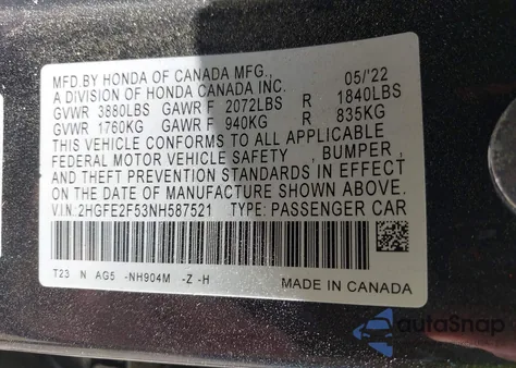 2022 Honda Civic Sport from USA, damaged, VIN 2HGFE2F53NH587521